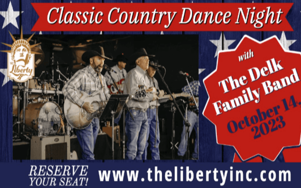 The Delk Family band pictured in front of a blue stage curtain performing. Pictured with red and white event text.