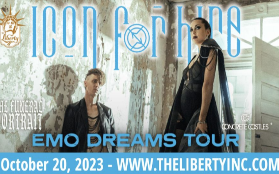 Icon For Hire members pictured in front of a white/brick wall and with blue event text on top.