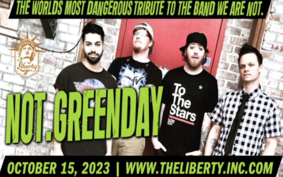 Not.Greenday band pictured standing in front of a red door and brick building. Pictured with green event text for a music event.