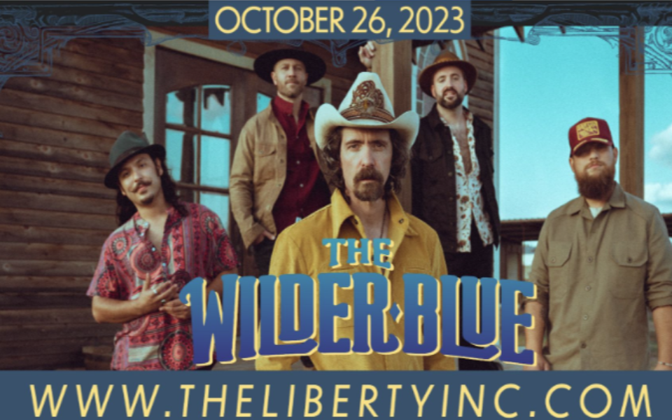 The Wilder Blue members standing on a wooden porch facing forward. Pictured with event text.