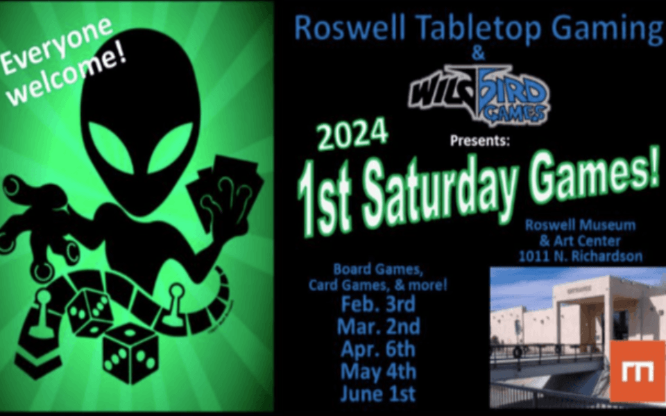 An alien with dice and board game pieces. Pictured is event text for 1st Saturday Game Day events.