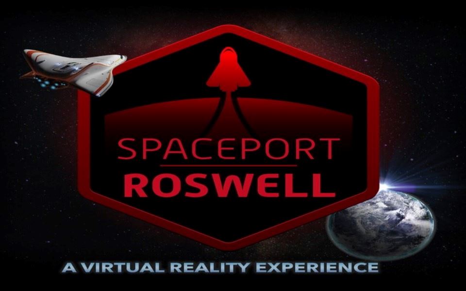 Spaceport Roswell's Graphic with a planet in space, a rocket ship, and the Spaceport's red logo.