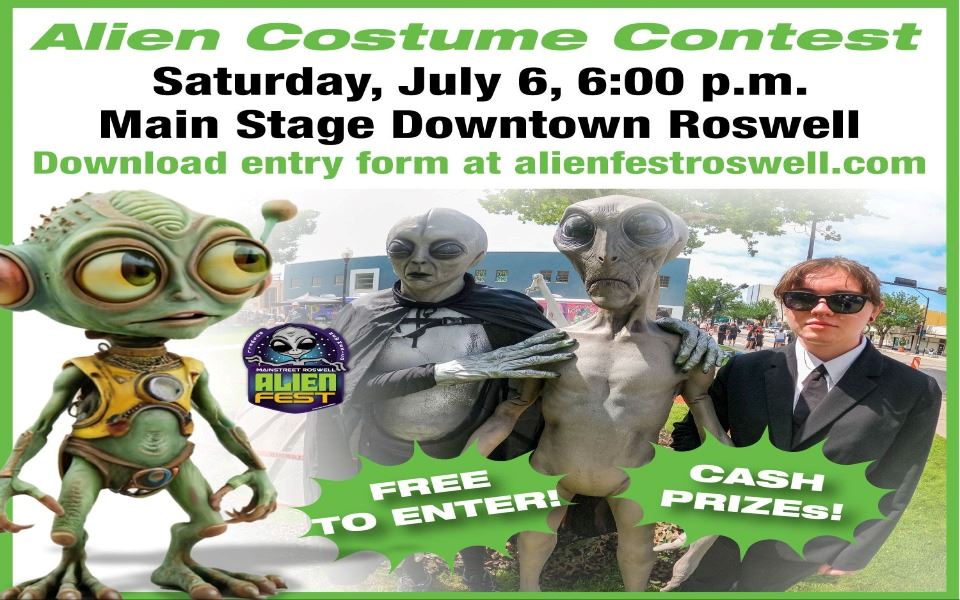 Two aliens, a men-in-black cosplay, and text describing an alien costume contest for the 2024 UFO Festival.