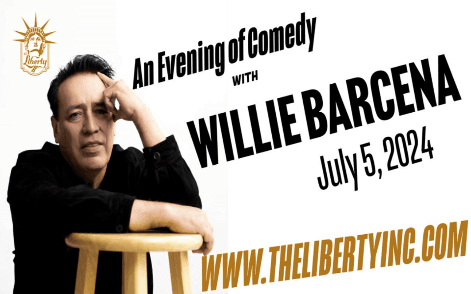 Willie Barcena leaning on a stool and pictured with text for his live comedy night.