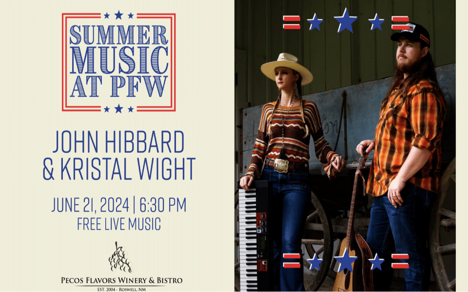 John Hibbard and Kristal Wight standing with their instruments and pictured with text for one of their New Mexico live music nights.