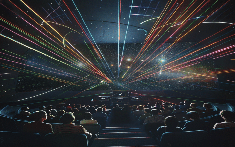 View from the seats of a laser show with many people seated, multi-colored lasers, and other lights in the nighttime.