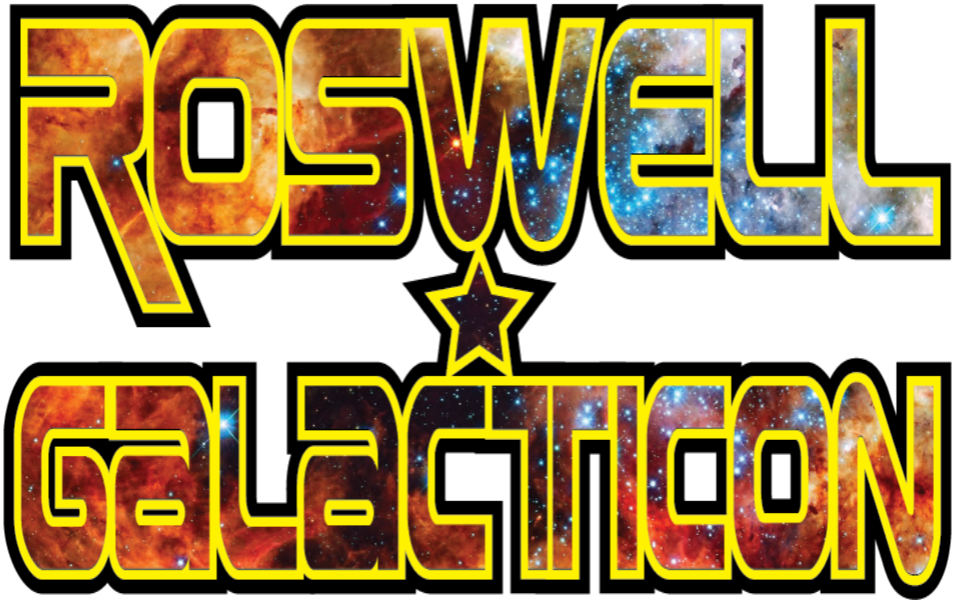 "Roswell Galacticon" in text with the stars inside them. Pictured with a white background and is the Roswell Galacticon's Official graphic.