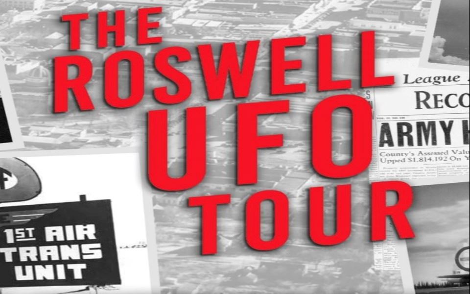 "The Roswell UFO Tour' in red text pictured with a collage of military newspaper clippings in black and white.