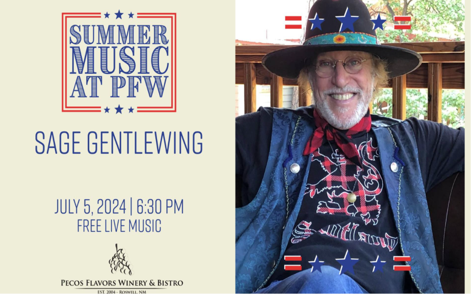 Sage Gentlewing pictured with text descibing his July live music night at the Pecos Winery in Roswell, New Mexico.