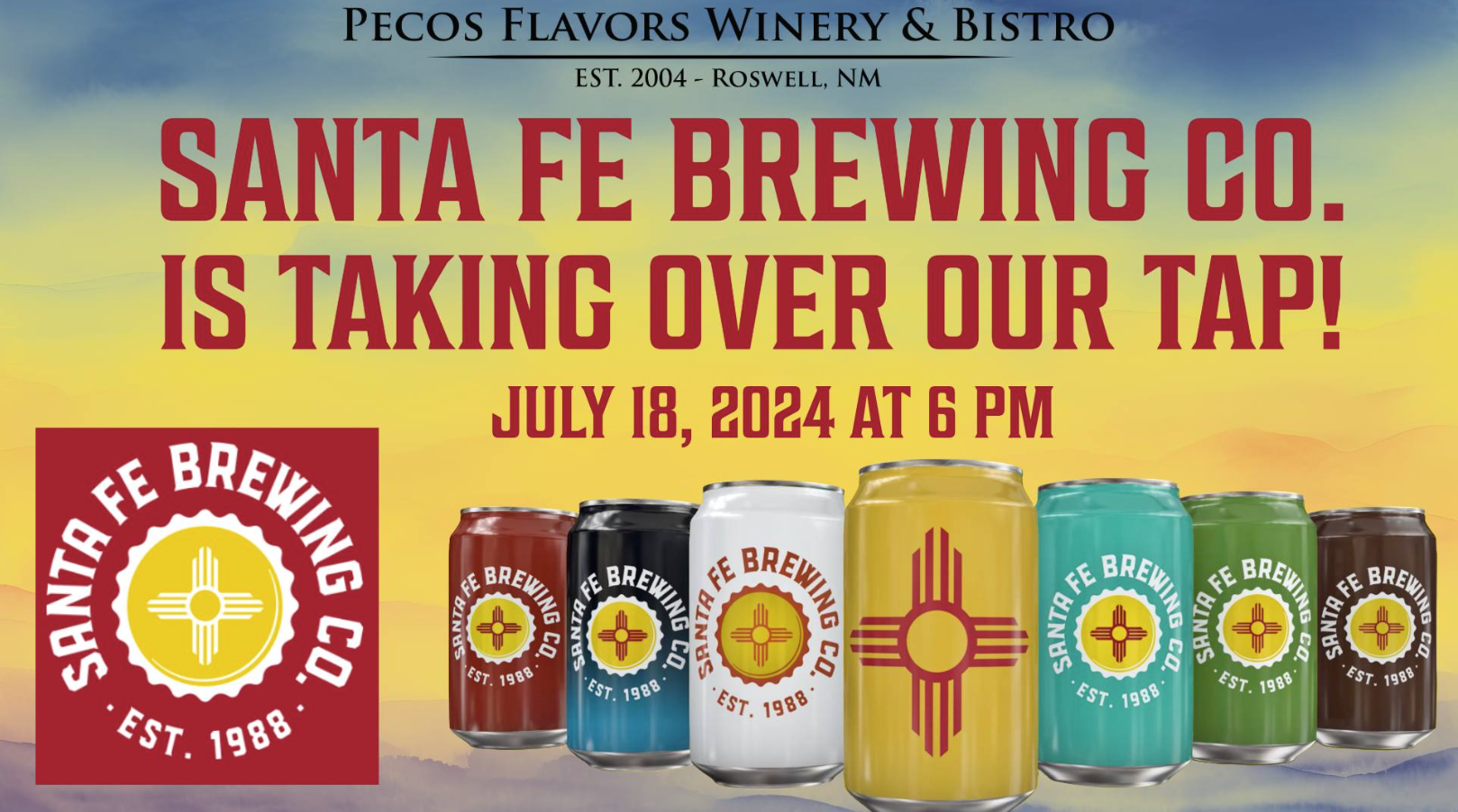 Santa Fe Brewing Co with dates and times taking over Pecos Flavors Winery + Bistro