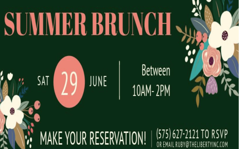 Green backdrop & flowers pictured with text for a summer brunch at The Liberty