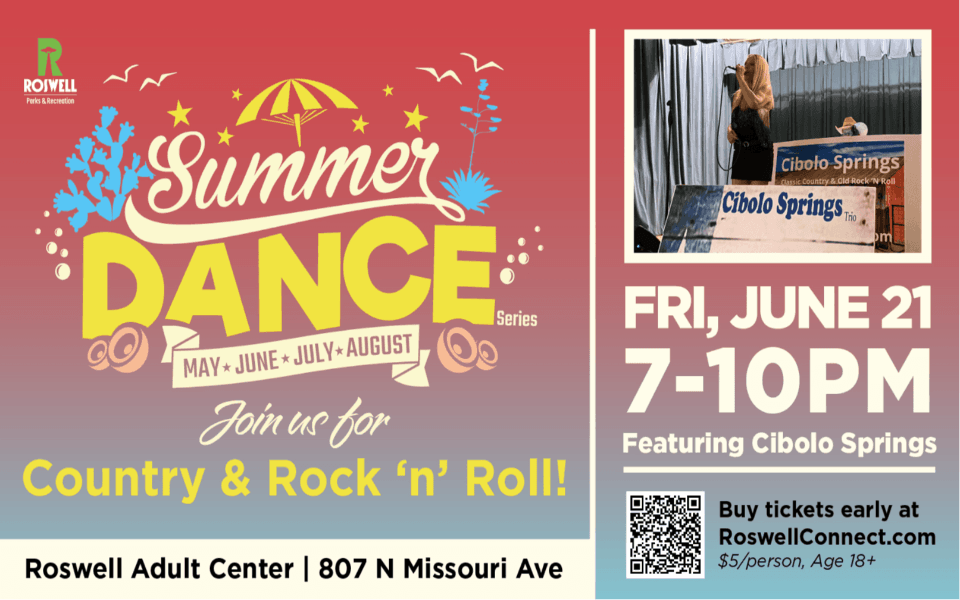 Colorful, sea-themed graphic for the June 2024 Dance Series at the Roswell Adult Center.