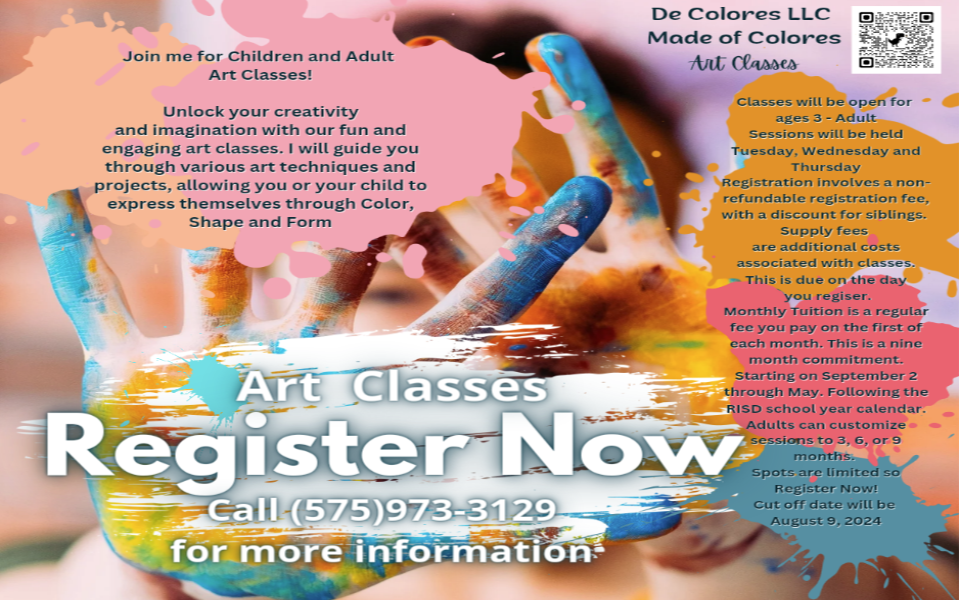 De Colores details her upcoming art classes available for children and adults 2024 - 2025 on a flyer
