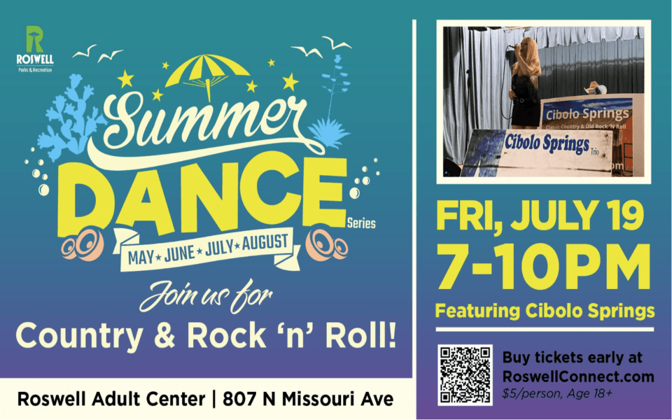 The Roswell Adult Center prepares a new blue-toned flyer for their July 2024 Summer Dance.