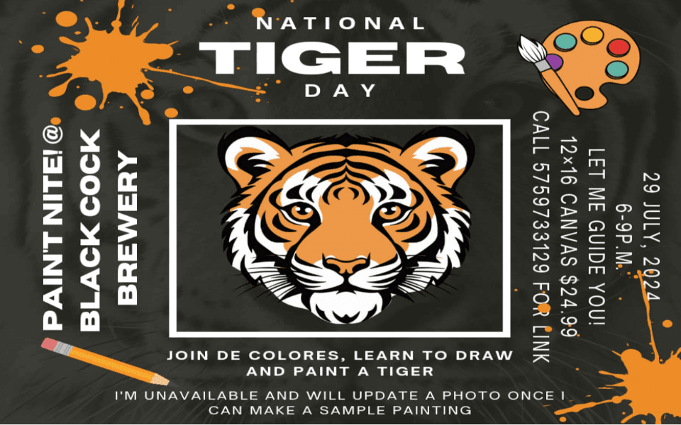 De Colores provides information about an upcoming paint nite on National Tiger Day 2024.