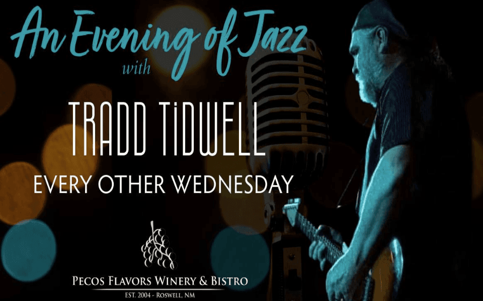 Tradd Tidwell performing live Jazz at one of his venues. Includes text for his shows at the Winery.
