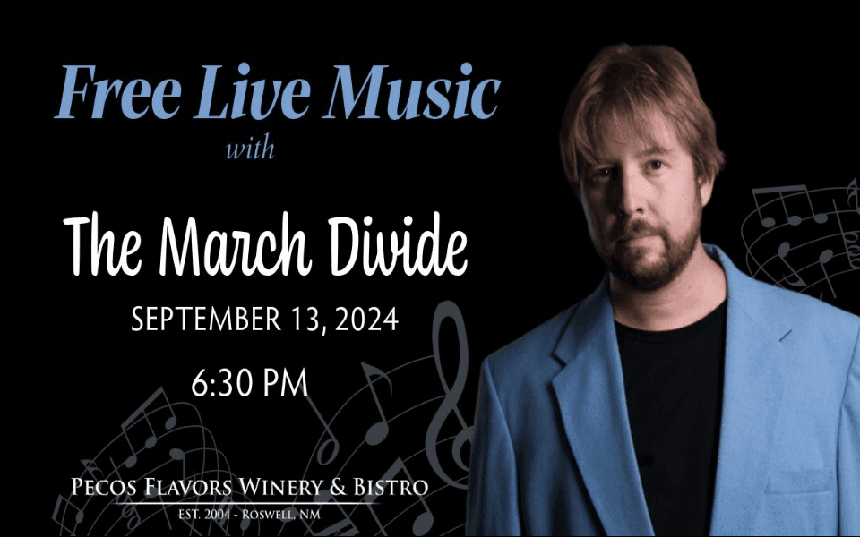 The March Divide pictured with text for his upcoming live music night at the PFW in Roswell, NM.