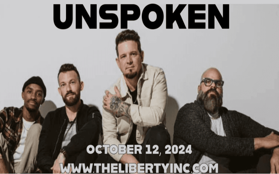 Four men from "Unspoken" sit next to a white wall, pictured with text for their upcoming live