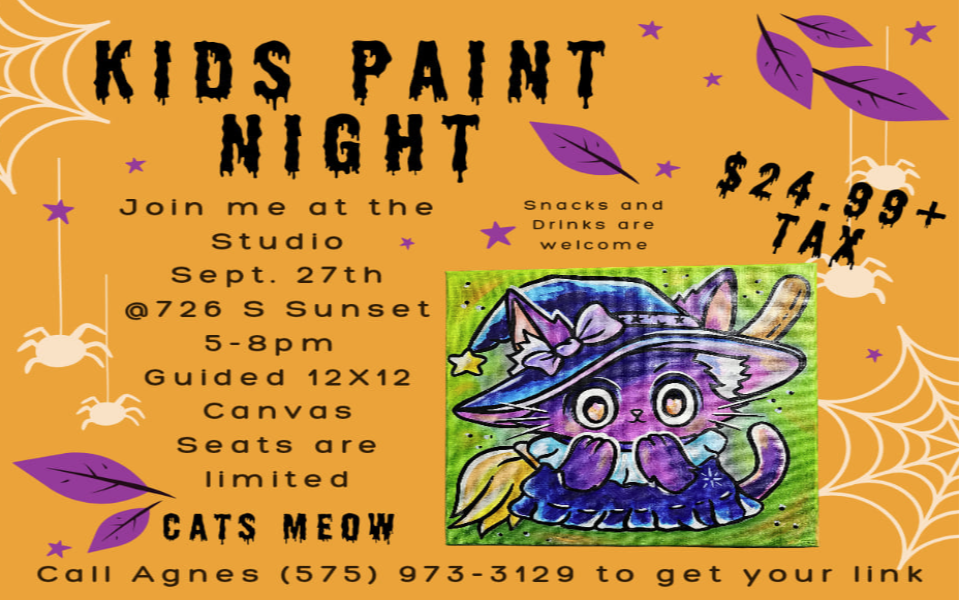 The De Colores Art Studio's flyer for a Sept. 27th Kids Pain Night of a cat.