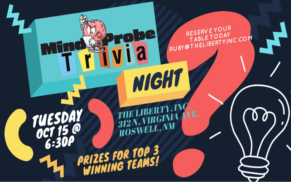 Trivia-themed flyer for the Mind Probe Trivia's event on October 15th, 2024 at The Liberty.