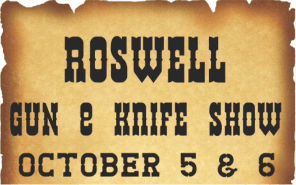 A tattered paper flyer with the name and dates of the October 2024 Roswell Gun & knife Show.