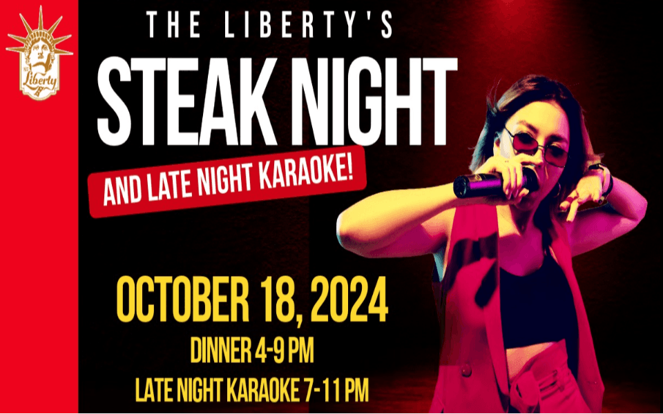 A woman with a mic performing Karaoke. Event Image for an upcoming karaoke night at The Liberty.