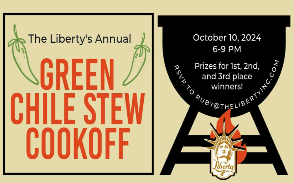 The Liberty Green Chile Stew Cookoff event image with red/green text and a black stew pot.