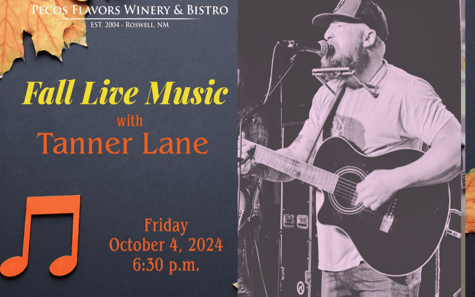 Tanner Lane performing live music and pictured with event text for an upcoming live music event.