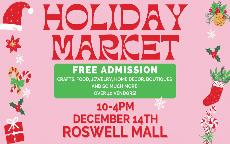 Christmas/Holiday themed flyer for the Holiday Market Local Biz Expo of 2024 in Roswell, NM.