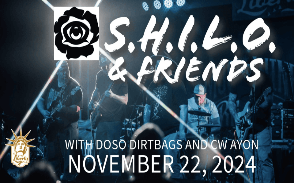 SHILO with Doso Dirtbags and other live performers on stage. Pictured with event text.