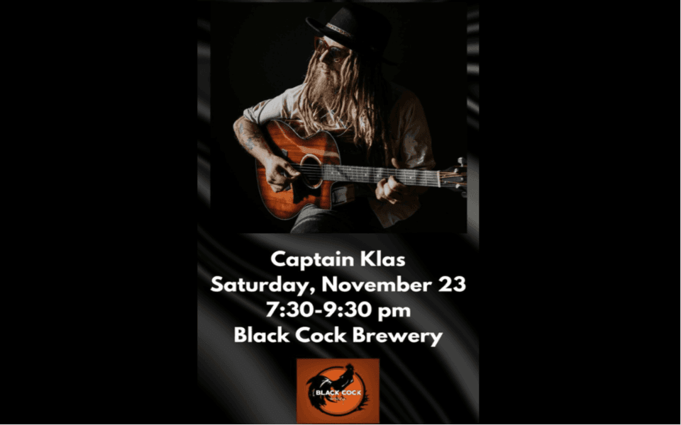 Picture of Captain Klas with his guitar and event text for a live music event.