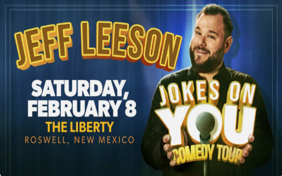 Jeff Leeson pictured with official text for his "Jokes on You Comedy Tour."