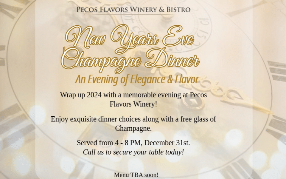 The Pecos Flavors Winery's event image for a 2024 New Years Champagne Dinner in Roswell, New Mexico.